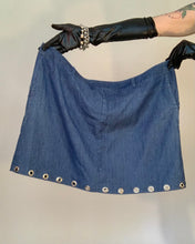 Upcycled grommet hem denim skirt