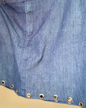 Upcycled grommet hem denim skirt