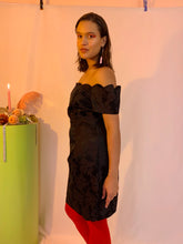 Satin brocade off the shoulder mini
