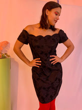 Satin brocade off the shoulder mini