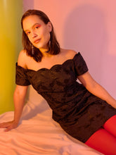 Satin brocade off the shoulder mini