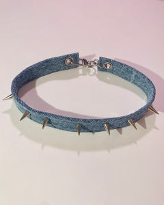 Handmade scrap denim spiked choker