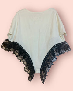 Upcyled black lace cropped negligee tee