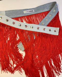 Custom red fringe snap belt