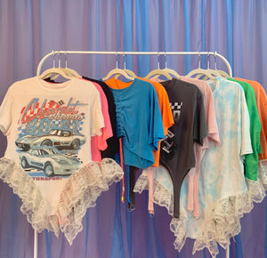 Upcycled racing lace negligee tee