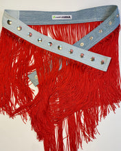 Custom red fringe snap belt