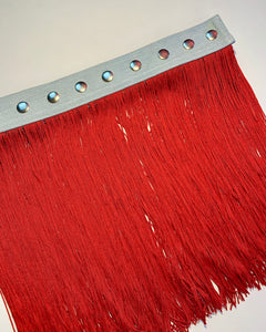 Custom red fringe snap belt