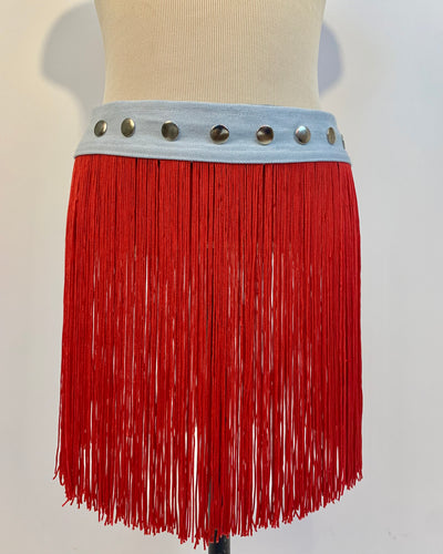 Custom red fringe snap belt