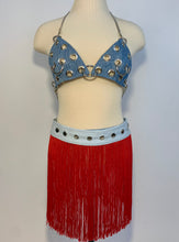 Custom red fringe snap belt