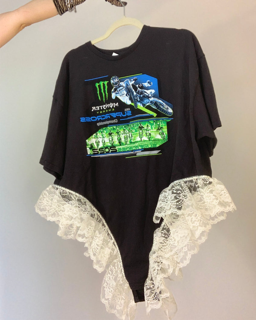 Upcycled Monster Nascar lace negligee tee