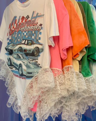 Upcycled racing lace negligee tee