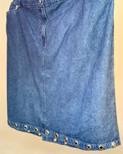 Upcycled grommet hem denim skirt