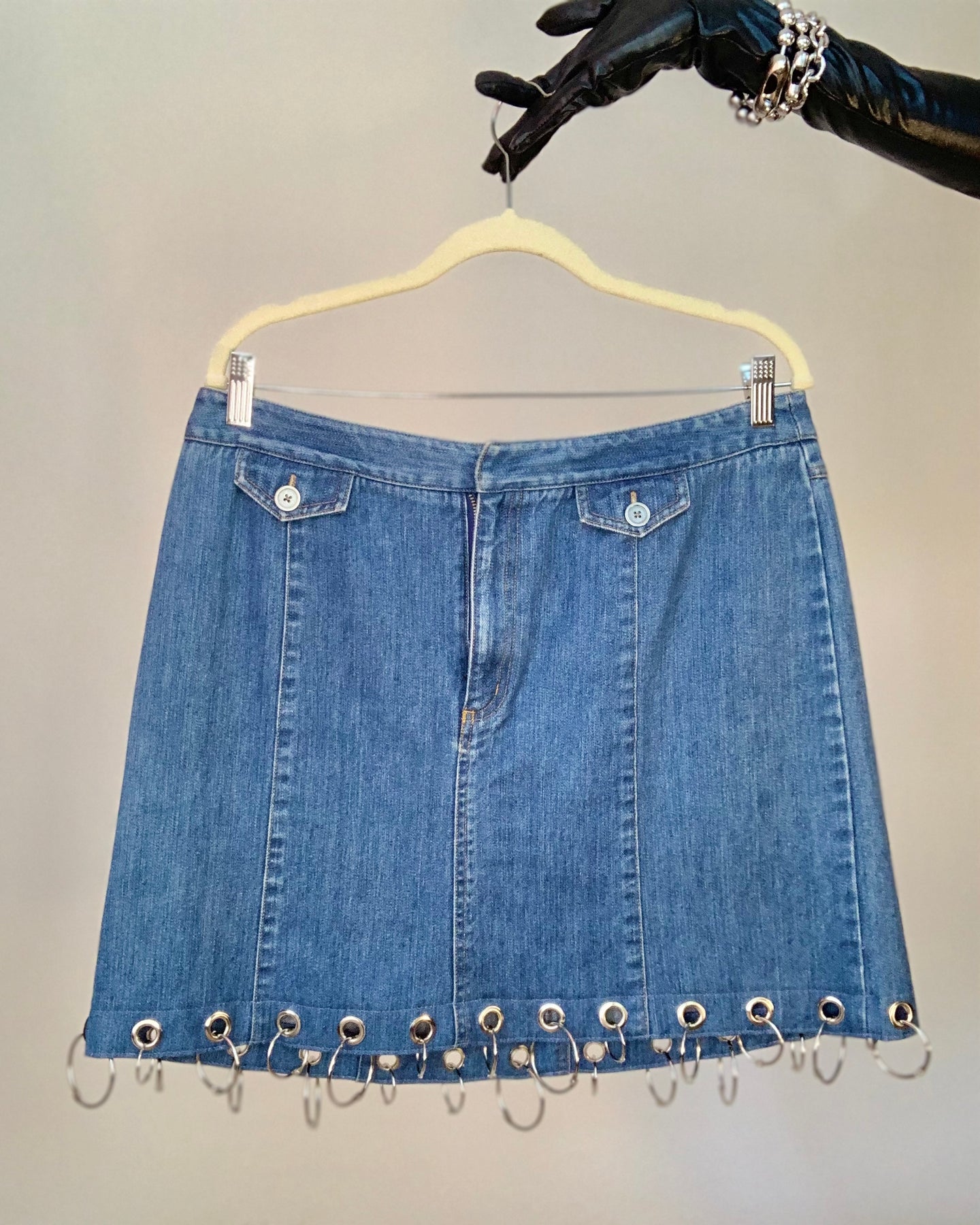 Upcycled grommet ring denim skirt