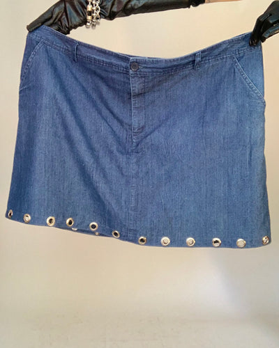 Upcycled grommet hem denim skirt