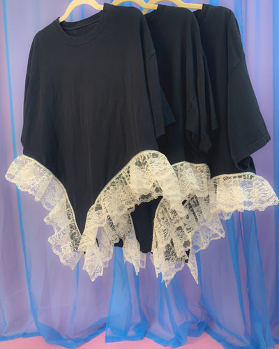 Custom upcyled lace black negligee tee
