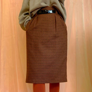 Plaid pleated + belted skirt