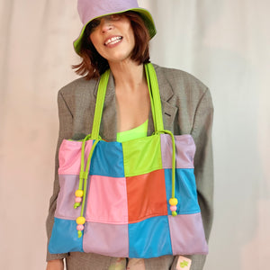 Patchwork lambskin drawstring tote